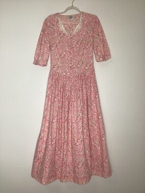 Vintage Laura Ashley Cottage Core Pink Floral Dress Lace Great Britain Sz 8